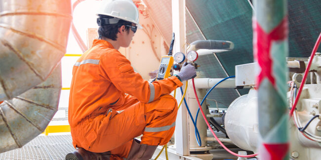 Electrician measuring voltage and logging data in log sheet, electrical service at offshore.